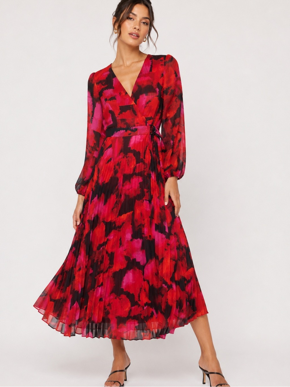 Taylor Red & Pink Floral Wrap Maxi Dress